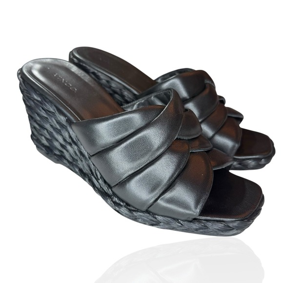 Vince Camuto Lauren Beverlin Poppy Black Leather High Wedge Slip On Sandal 9M US - Picture 3 of 9